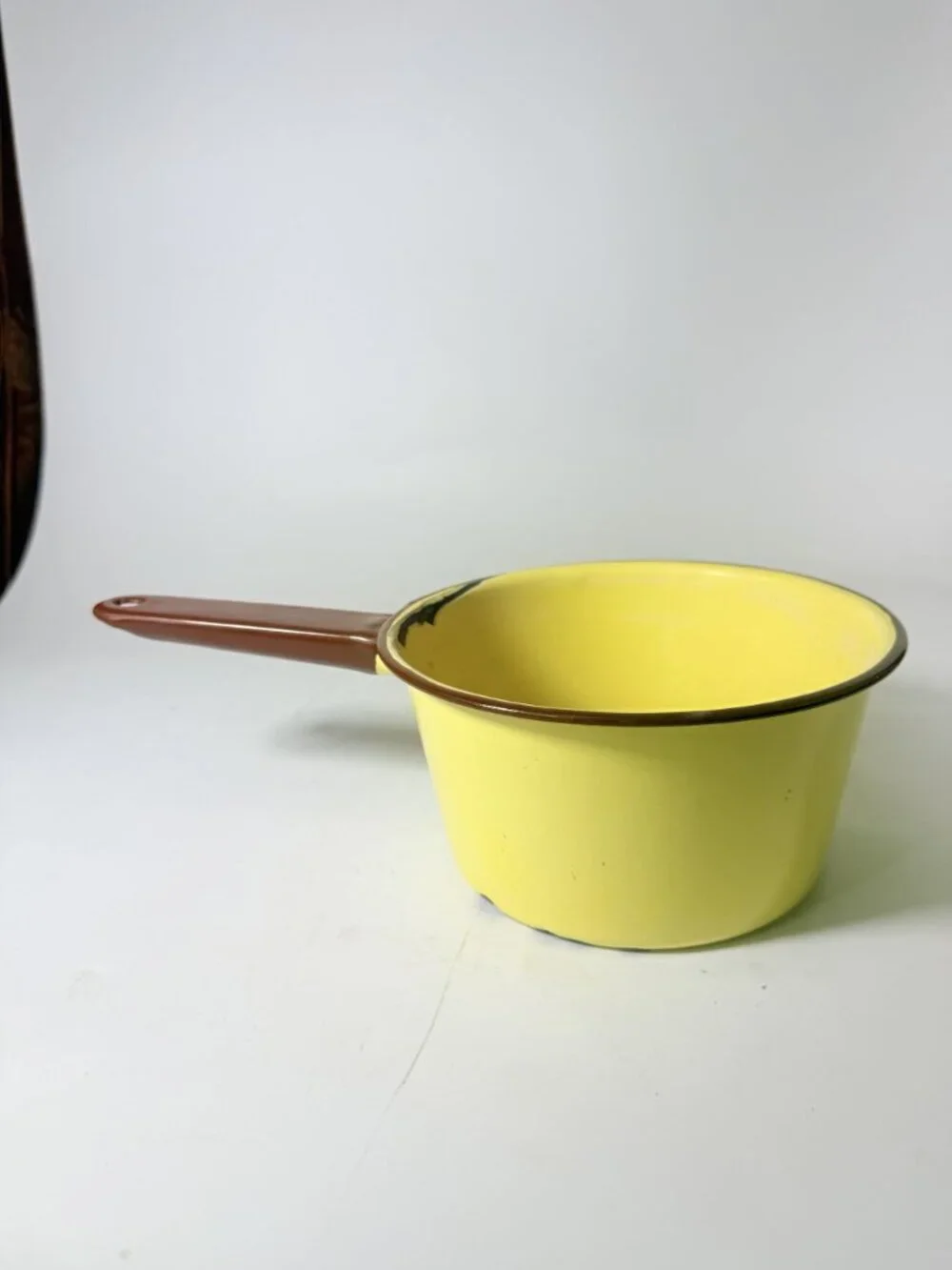 Enamelware Saucepan Pot Vintage Beige With Brown Trim  Sauce Pan Cookware